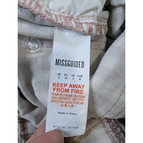 Missguided Sz 2 Pink White Gingham Denim Mini Skirt Distressed Y2K Stretch 24" - Picture 5 of 8